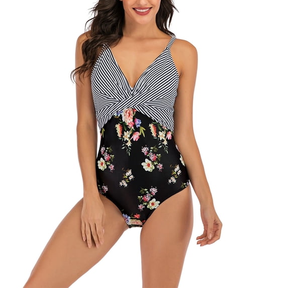 Lu's Chic Women's High Waisted Bathing Suit One Piece Swimsuit Hawaiian Sexy Backless Beach Spaghetti Strap Swimwear Striped Large