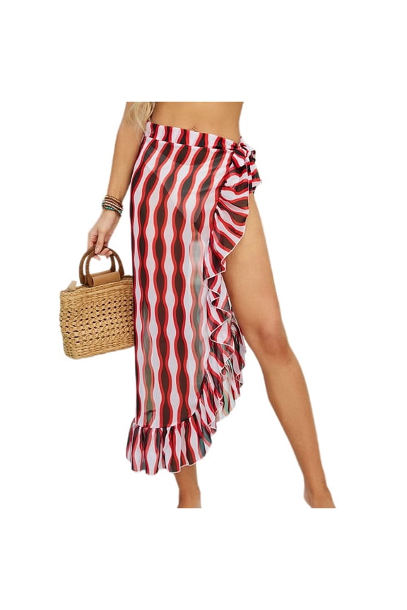 Lu's Chic Women's Light Sarong Cover Up Skirt Sexy Beach Printed Soft Spring Sheer Summer Swimming Thin Ruffle Tropical Beachwear Rouge Noir X-Small-XX-Large