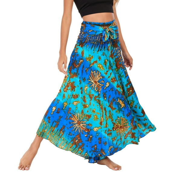 Lu's Chic Women's Long Boho Skirts Bohemian Hippie Skirts Summer Travel Beach Flowy Gypsy Maxi Long Skirts Pleated Halter Midi Dresses Smocked Elastic High Waist Tie Dye Bright Blue Small-X-Large