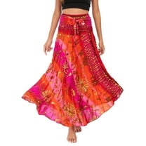 Lu's Chic Women's Long Boho Skirts Bohemian Hippie Skirts Summer Travel Beach Flowy Gypsy Maxi Long Skirts Pleated Halter Midi Dresses Smocked Elastic High Waist Tie Dye Bright Red Small-X-Large
