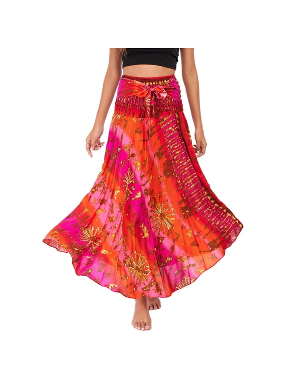 Lu's Chic Women's Long Boho Skirts Bohemian Hippie Skirts Summer Travel Beach Flowy Gypsy Maxi Long Skirts Pleated Halter Midi Dresses Smocked Elastic High Waist Tie Dye Bright Red Small-X-Large