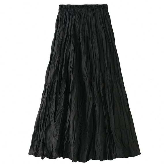 Lu's Chic Women's Long Skirt Pleated A Line Dress Fall Casual Polyester Swing Dress Tea Length Midi High Waisted Black One Size