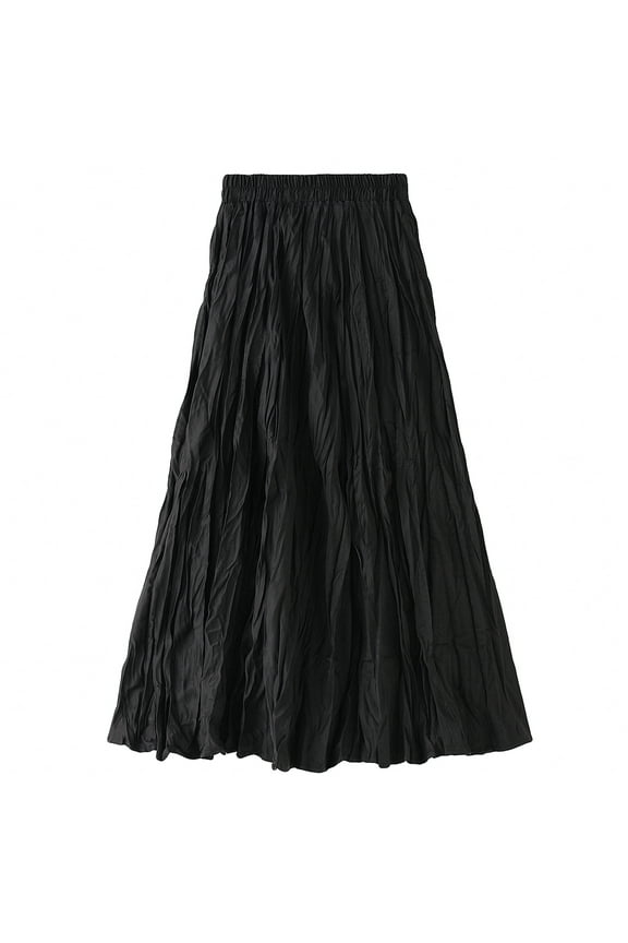 Lu's Chic Women's Long Skirt Pleated A Line Dress Fall Casual Polyester Swing Dress Tea Length Midi High Waisted Black One Size