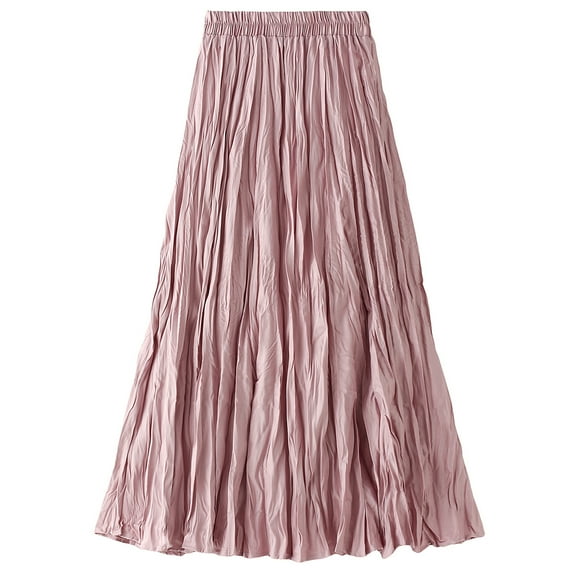Lu's Chic Women's Long Skirt Pleated A Line Dress Fall Casual Polyester Swing Dress Tea Length Midi High Waisted Pink One Size