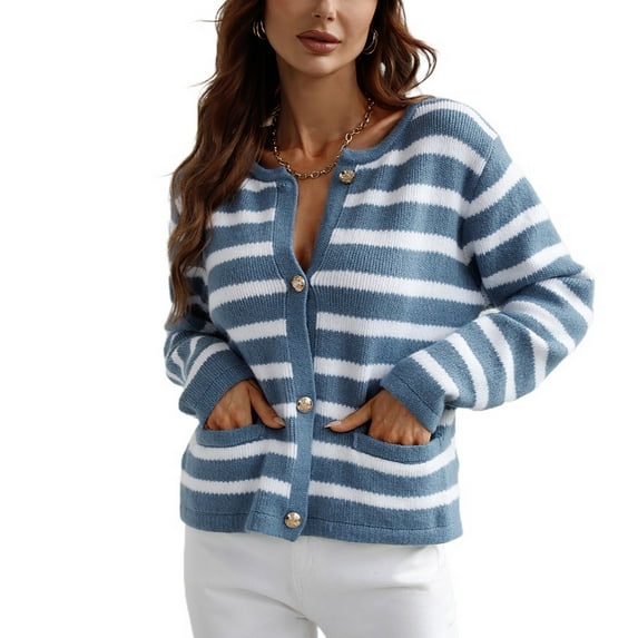 Defitshape Women's Long Sleeve Cardigan Fall Sweater Soft Knit Short Button Elegant Winter Fashion Crewneck Top Blue X-Large