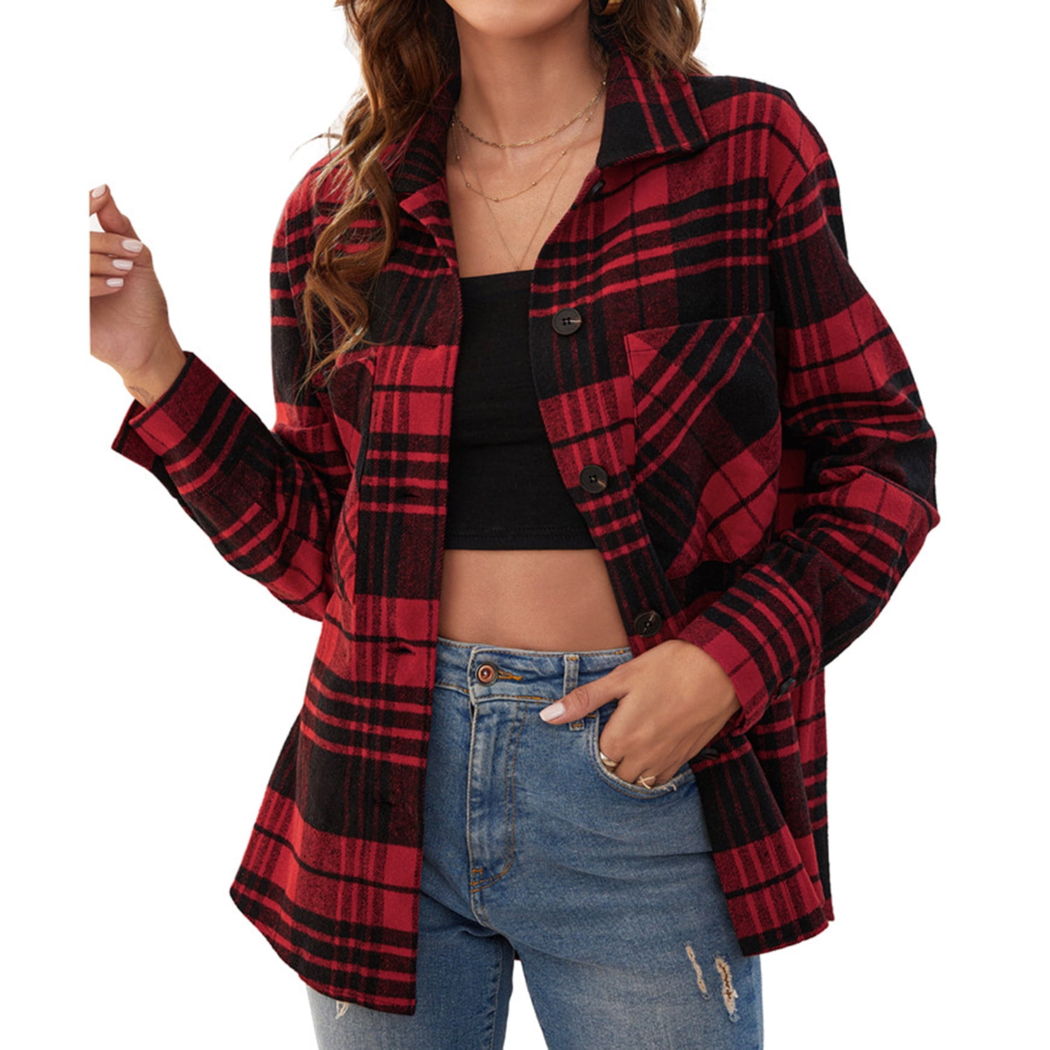 Defitshape Women's Long Sleeve Button Down Shirt Cotton Shirt Shacket ...