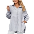 thumbnail image 1 of Lu's Chic Women's Long Sleeve Shirt Soft Stripe Blouse Top Boyfriend Work Bishop Sleeve Button Down Shirts Striped Large, 1 of 4