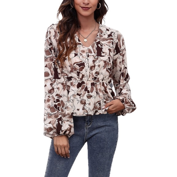 Lu's Chic Women's Long Sleeve Top Thin Pullovers V Neck Bishop Sleeve Babydoll Lightweight Polyester Pull Over Patterned10 X-Large