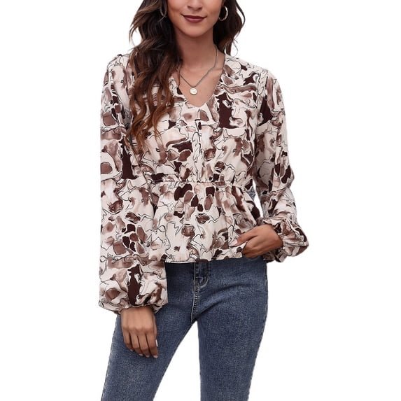 Lu's Chic Women's Long Sleeve Top Thin Pullovers V Neck Bishop Sleeve Babydoll Lightweight Polyester Pull Over Patterned10 X-Large