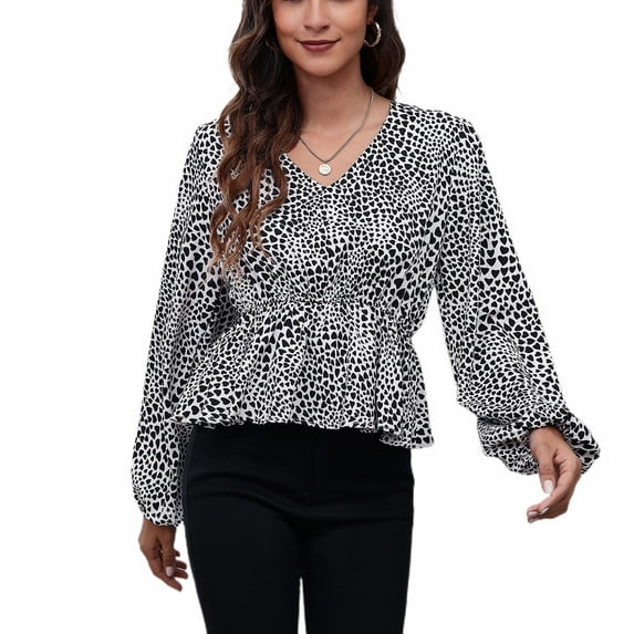 Lu's Chic Women's Long Sleeve Top Thin Pullovers V Neck Bishop Sleeve Babydoll Lightweight Polyester Pull Over Patterned12 Small