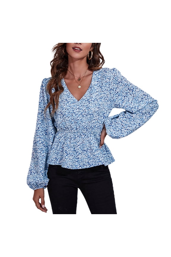 Lu's Chic Women's Long Sleeve Top Thin Pullovers V Neck Bishop Sleeve Babydoll Lightweight Polyester Pull Over Patterned3 X-Large