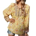 thumbnail image 1 of Lu's Chic Women's Long Sleeve Tops V Neck Blouse Bohemian Shirts Boho Summer Flower Flowy Print Swing Printed Drawstring Tshirt Yellow Small, 1 of 5