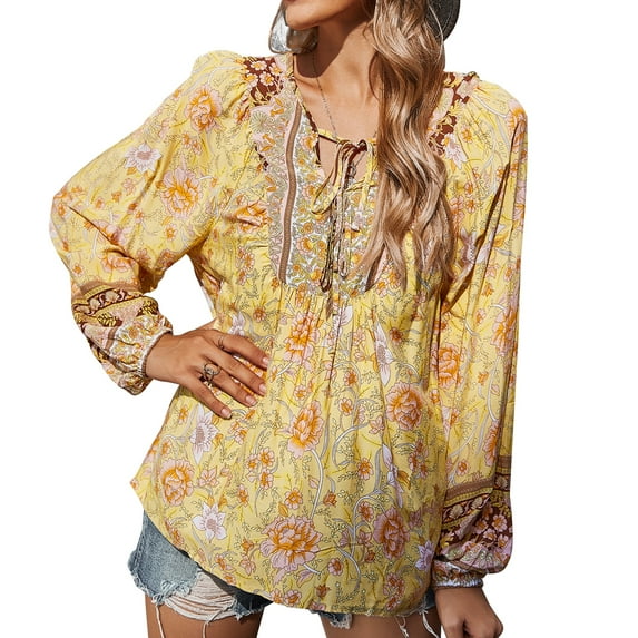 Lu's Chic Women's Long Sleeve Tops V Neck Blouse Bohemian Shirts Boho Summer Flower Flowy Print Swing Printed Drawstring Tshirt Yellow Small