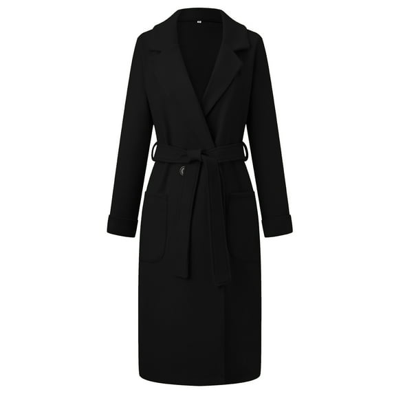 Defitshape Women's Long Trench Coats Elegant Winter Ladies Double Breasted Overcoat Thick Calf Length Long Sleeve Belted Dressy Casual Fashion Slim Fit Knee Length Peacoat Black Medium