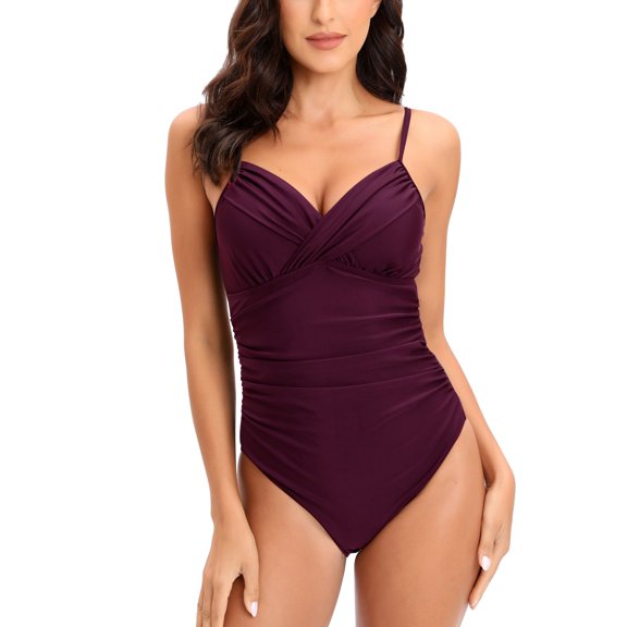 Lu's Chic Women's One Piece Bath Suit Beach Bathing V Neck Slimming Swimsuit Chic Brief Bunched Adjustable Beachwear Burgundy Medium