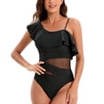thumbnail image 1 of SWSMCLT Women's One Piece Bathing Suit Slimming Ruched Swimsuit Sheer One Piece Swimsuit Mesh Padded Ruffle Black X-Large, 1 of 4