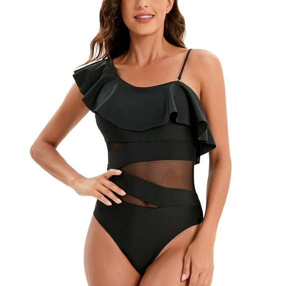 SWSMCLT Women's One Piece Bathing Suit Slimming Ruched Swimsuit Sheer One Piece Swimsuit Mesh Padded Ruffle Black X-Large