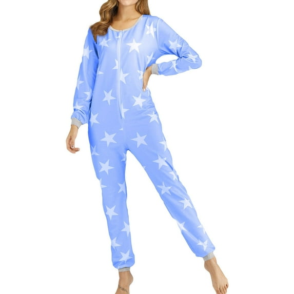 Lu's Chic Women's One Piece Sleepwear Onesies Pajmama Long Sleeve Zip Up Zipper Soft Winter Pant Casual Spring Blue Medium