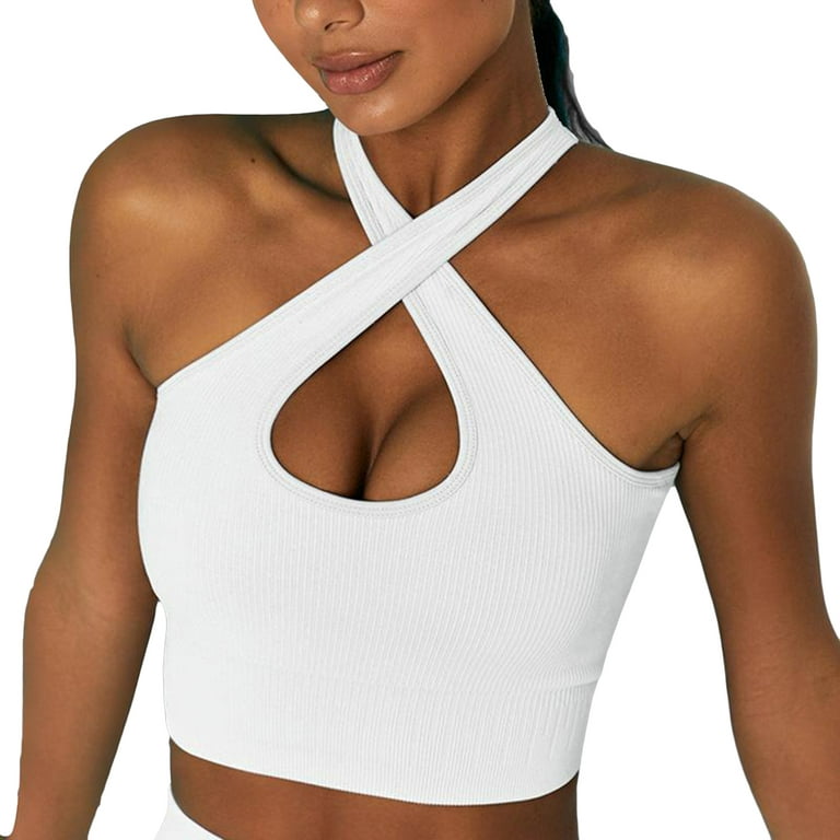 Lu's Chic Women's Padded Tank Tops Workout Strappy Athletic Gym Sports Bra  Ribbed Yoga Crop Top White Medium