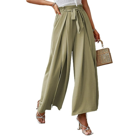 Lu's Chic Women's Palazzo Pants Wide Leg Split Slit Casual Pants Summer High Waisted Lightweight Elastic Waist Trousers Tie Knot Green XX-Large