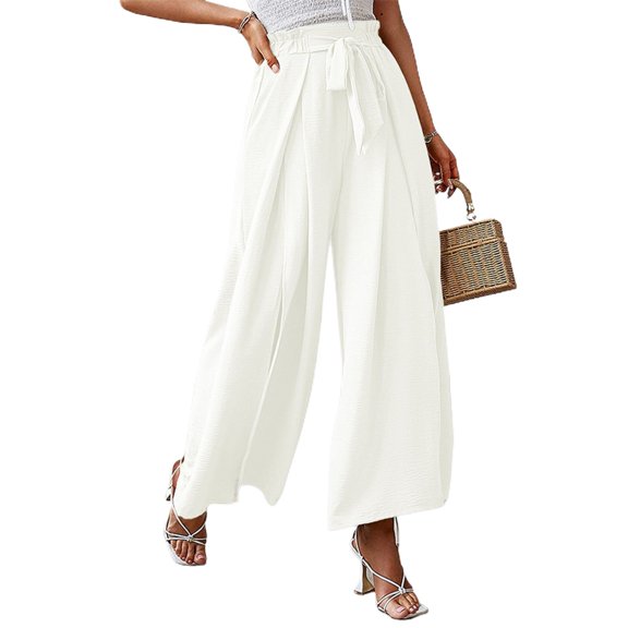 Lu's Chic Women's Palazzo Pants Wide Leg Split Slit Casual Pants Summer High Waisted Lightweight Elastic Waist Trousers Tie Knot White Small