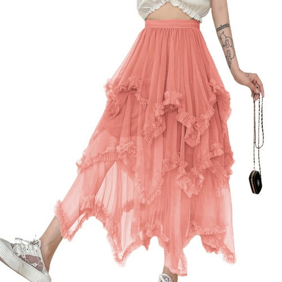 Lu's Chic Women's Ruffle Tulle Skirt Long Tutu Skirt Pleated Mesh Halloween Fall Skirt Orange One Size