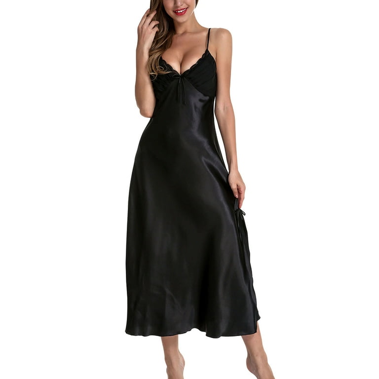 Lu's Chic Women's Satin Nightgown Dress Silk Lace Sleeveless Long Chemise  Lingerie Sleepwear Black US M (Tag2XL)
