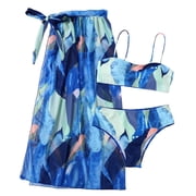 Lus Chic Womens Sexy 3 Piece Bathing Suit Brazilian Bikini Bottoms Sheer Cheeky Cover Up Wrap Low Rise Summer Backless Swimsuit Printed Blue 12