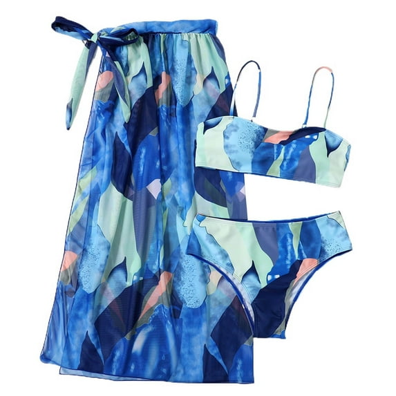 Lu's Chic Women's Sexy 3 Piece Bathing Suit Brazilian Bikini Bottoms Sheer Cheeky Cover Up Wrap Low Rise Summer Backless Swimsuit Printed Blue 4-6