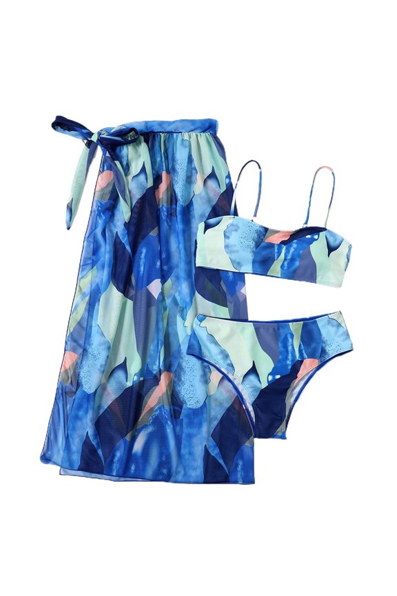 Lu's Chic Women's Sexy 3 Piece Bathing Suit Brazilian Bikini Bottoms Sheer Cheeky Cover Up Wrap Low Rise Summer Backless Swimsuit Printed Blue 4-6