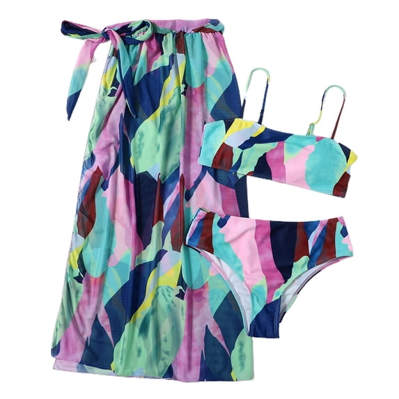 Lu's Chic Women's Sexy 3 Piece Bathing Suit Brazilian Bikini Bottoms Sheer Cheeky Cover Up Wrap Low Rise Summer Backless Swimsuit Printed Green 8-10