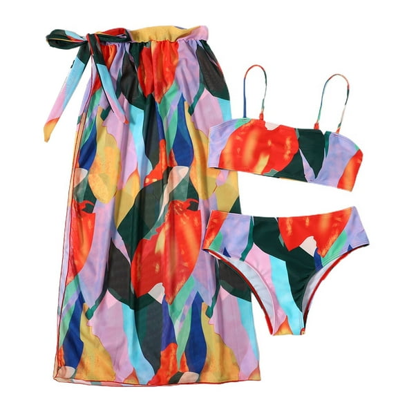 Lu's Chic Women's Sexy 3 Piece Bathing Suit Brazilian Bikini Bottoms Sheer Cheeky Cover Up Wrap Low Rise Summer Backless Swimsuit Printed Orange 8-10