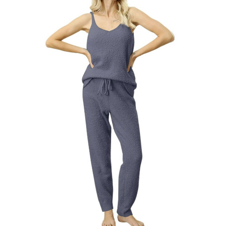 Lu s Chic Women s Sexy Pajamas 2 Piece Pjs Family Fall Winter Comfy Spring V Neck Thin Cami Warm Fitted Pajama Set Navy X Large