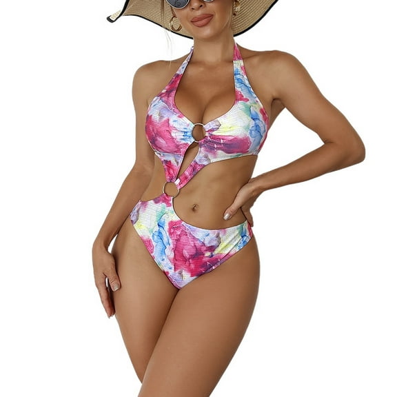 SWSMCLT Women's Halter High Waisted Slimming Cheeky Summer Sexy Swimsuit Beach Bathing Suit One Piece Swimsuit Dark Pink 4-6