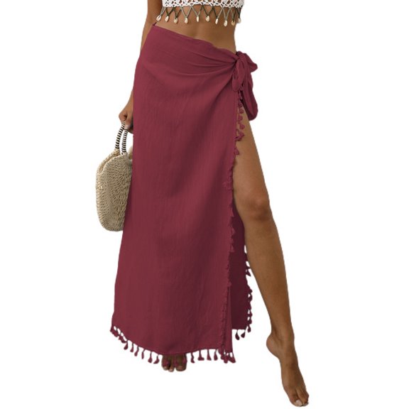 Lu's Chic Women's Sexy Wrap Skirt Cover Up Linen Beachwear Beach Fringe Polyester Fitted High Slit Light Beach Skirt Red Small-X-Large
