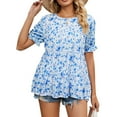 thumbnail image 1 of Defitshape Women's Short Sleeve BLouse Ruffle Top Soft Shirt Beach Peasant Date Night Boat Neck Pleated Blue XX-Large, 1 of 4