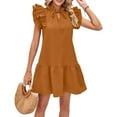 thumbnail image 1 of Lu's Chic Women's Short Sleeve Dresses Summer Sundress Short Ruched Cute Fall A Line Holiday Ruffle Swing Dress Brown Large, 1 of 4