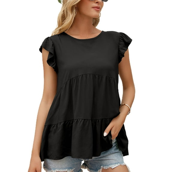 Lu's Chic Women's Soft Blouse Crew Neck T Shirt Short Sleeve Shirt Cute Loose Fashion Ruched Ruffle Summer Black Small