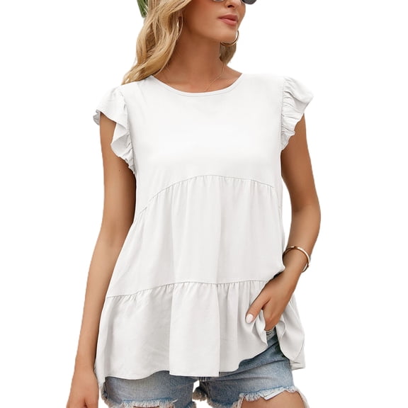 Lu's Chic Women's Soft Blouse Crew Neck T Shirt Short Sleeve Shirt Cute Loose Fashion Ruched Ruffle Summer White Small