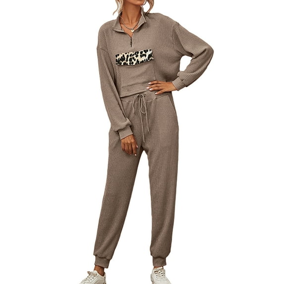 Defitshape Women's Soft Loungewear V Neck Loungewear Set Pj Set Fall Trendy Loose Fit Cotton Coffee Medium