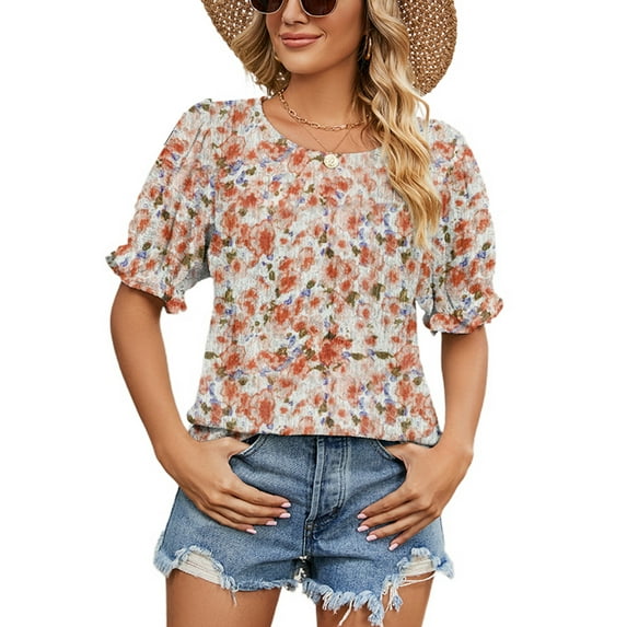 Lu's Chic Women's Soft Shirt Puff Sleeve Blouse Short Sleeve Floral Printed Tops Cute Ruffle Fashion Boat Neck Tshirt Orange XX-Large
