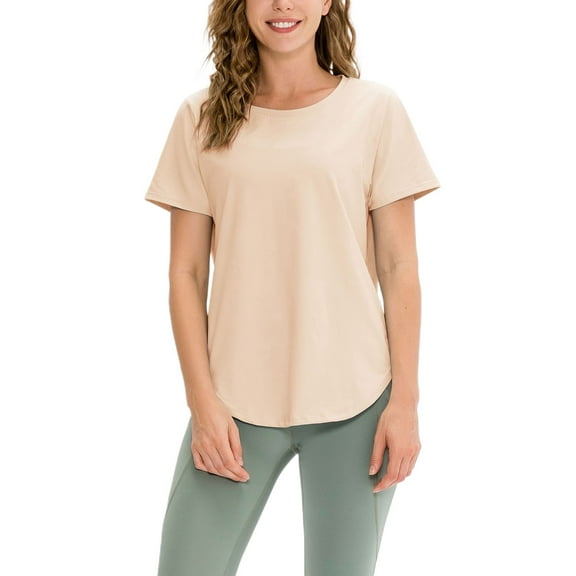 SWSMCLT Women's Soft T Shirt Short Sleeve Shirt Loose Summer Top Basic Running Cool Crew Neck Gym Yoga Boat Neck Apricot 8-10