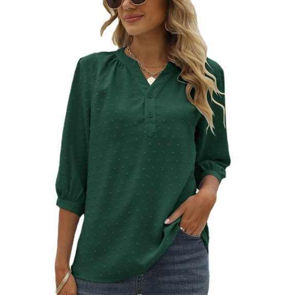 Lu's Chic Women's Soft V Neck Blouse Half Sleeve Top Cute Loose Fashion Button Lantern Sleeve Lightweight Shirt Dark Green Large
