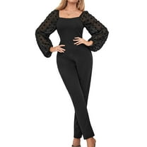 SWSMCLT Women's Casual Evening Party Long Bishop Sleeve Square Neck Jumpsuit Dressy Jumpers and Rompers Outfit Black 6