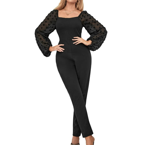 SWSMCLT Women's Casual Evening Party Long Bishop Sleeve Square Neck Jumpsuit Dressy Jumpers and Rompers Outfit Black 6