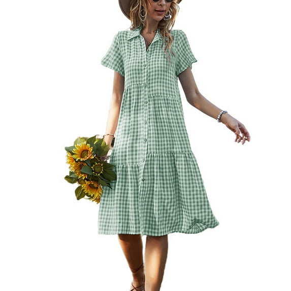 Lu's Chic Women's Summer Button Down Dresses Casua Plaid Printed l Dress Short Sleeve Fall Cute Ruffle Loose Peasant Ruched Sundress Green Small