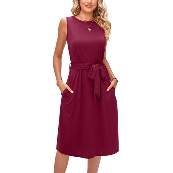 Lu's Chic Women's Summer Dress Sleeveless Dresses Casual Side Split Slit Midi Belt Crew Neck Fashion Pockets Holiday Sundress Burgundy Small