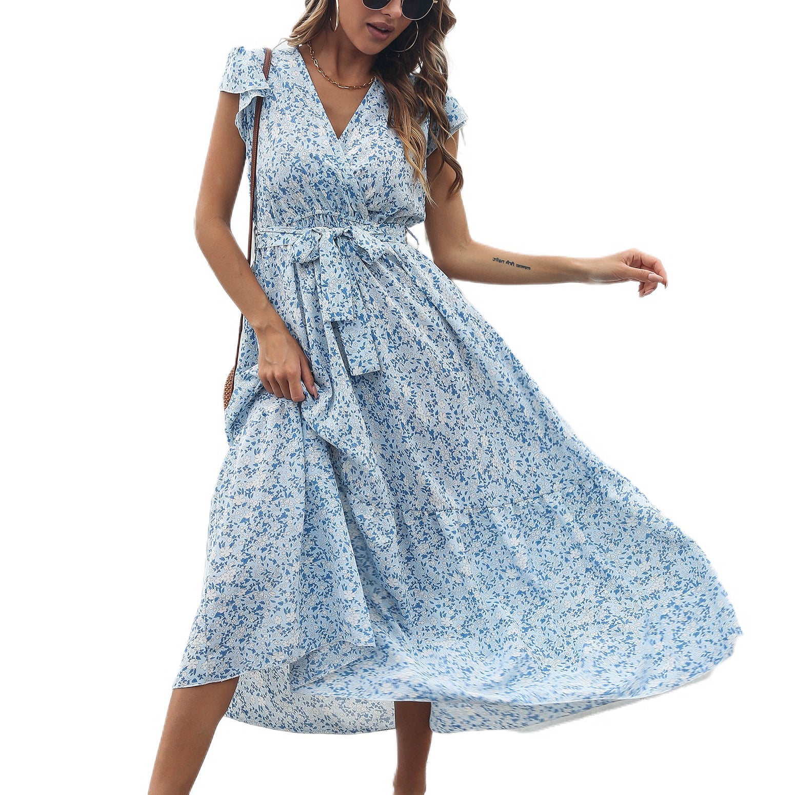 Defitshape Women's Summer Dresses Long Dress V Neck Swing Short Sleeve — free download