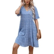 Lu's Chic Women's Summer Dresses Short Sleeve Dress V Neck Ruched Cute Beach Casual Ruffle High Waist Sundress Blue 4-6