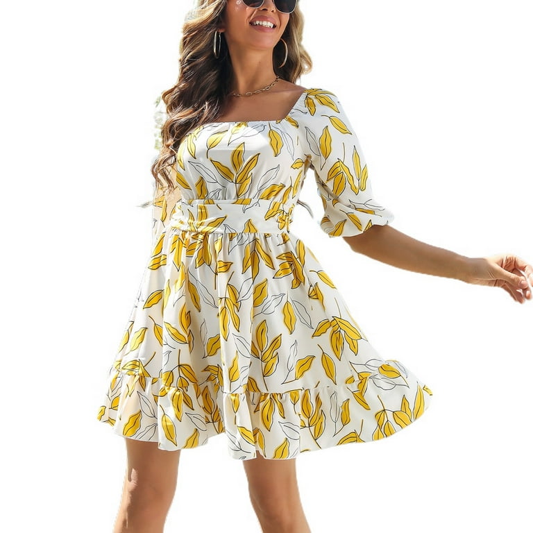 V-Neck Short-Sleeved High-Waist Mid A-Line Dress V-Neck Short-Sleeved High-Waist Mid A-Line Dress